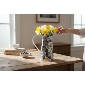 Threshold Pitcher Decorative Metal Floral White Navy Yellow NWOT 10.5in